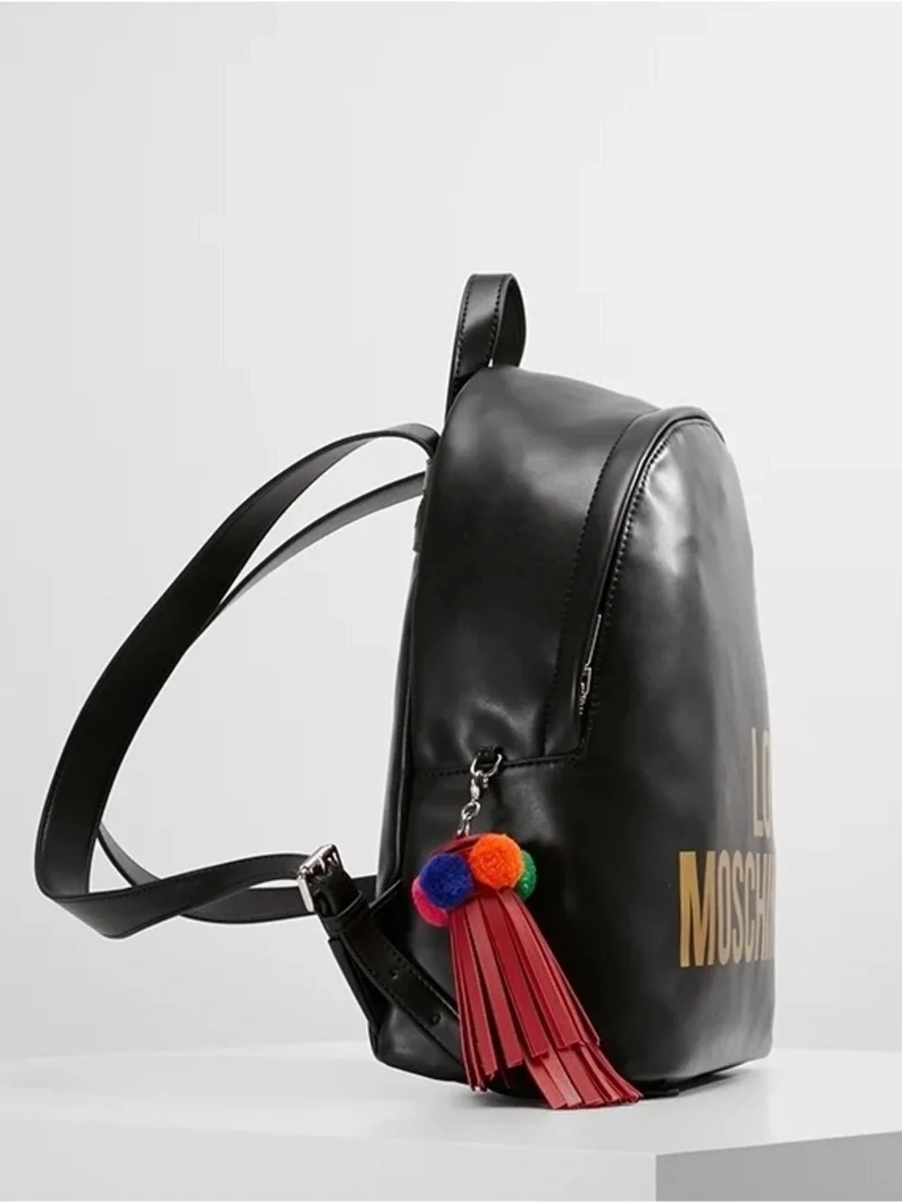 Love Moschino Black Backpack with Gold Logo and Red Tassel